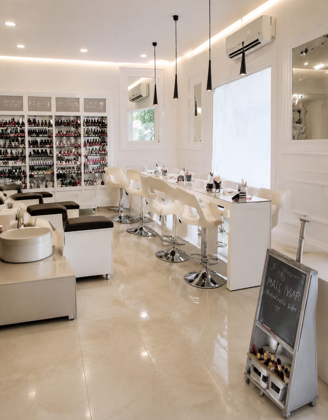 Bright white nail and beauty salon interior with polished floors