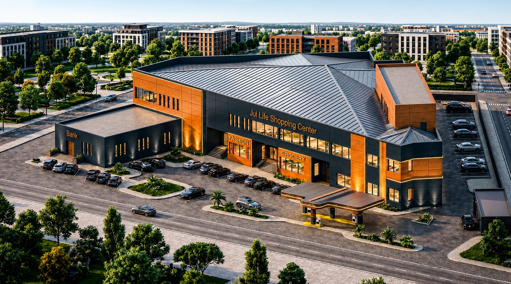 Aerial visualisation of a modern shopping centre development