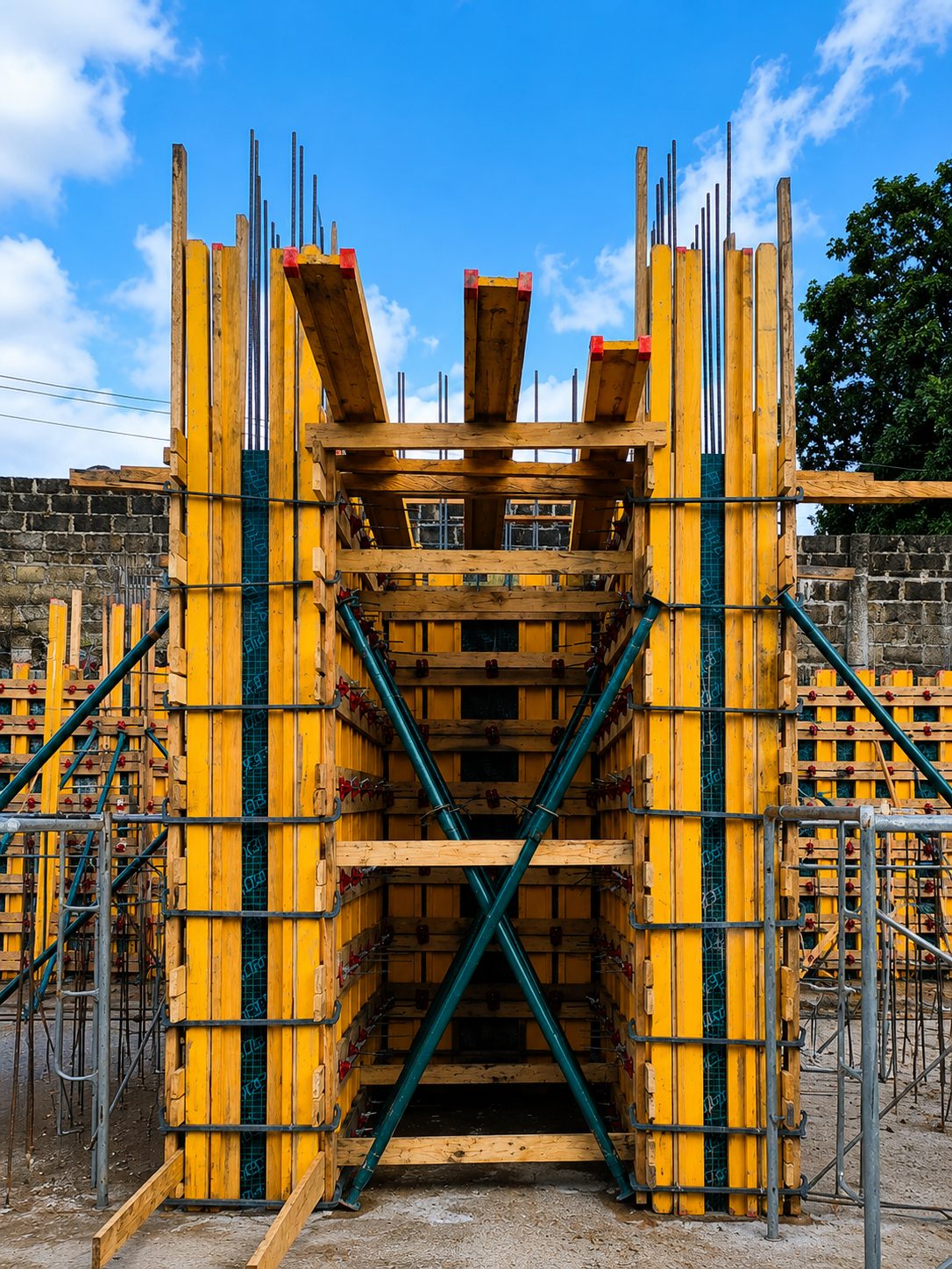 Yellow column formwork on a Rita (SL) Ltd structural development site