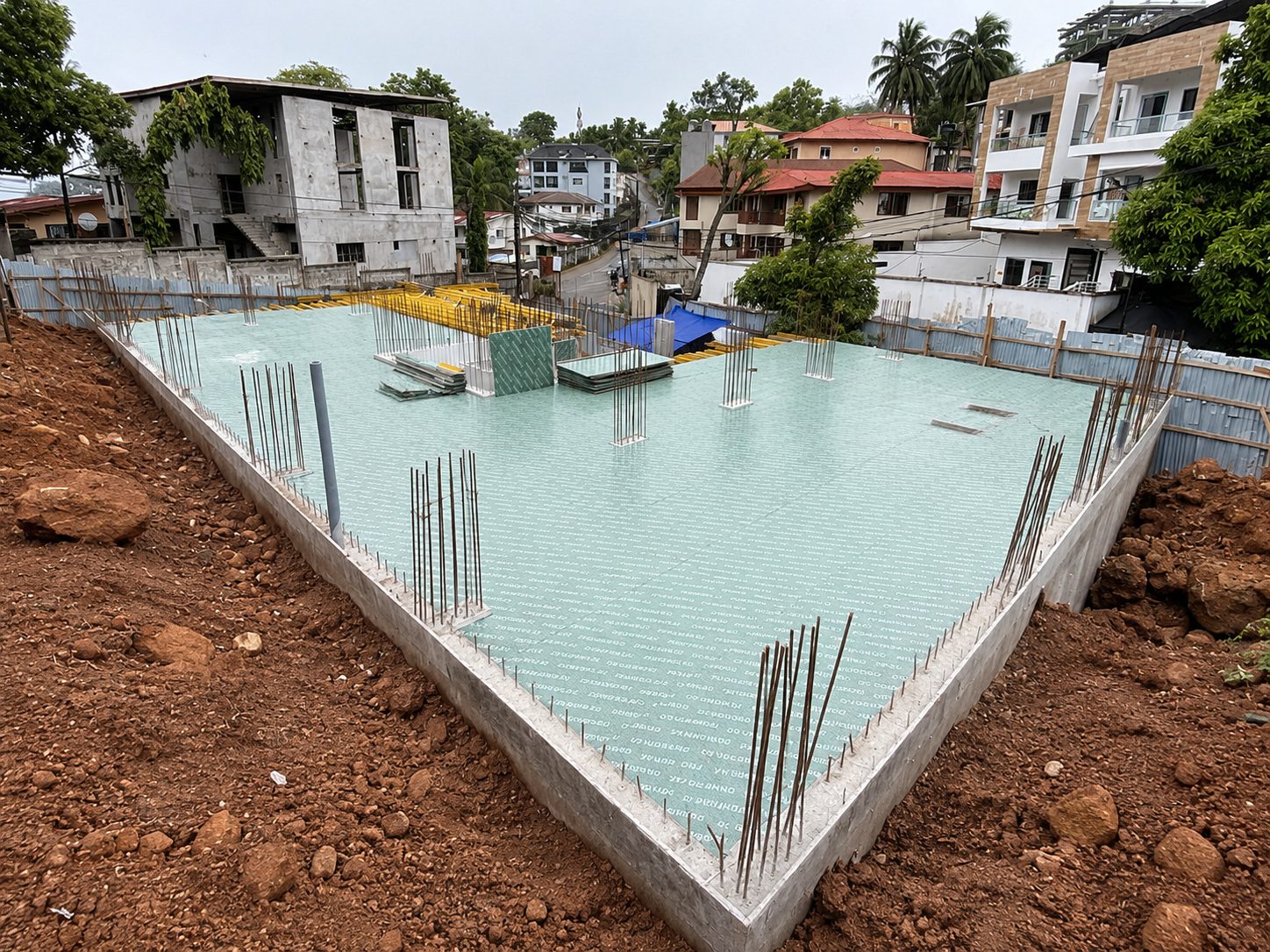 Waterproofed foundation slab with starter bars on a hillside site