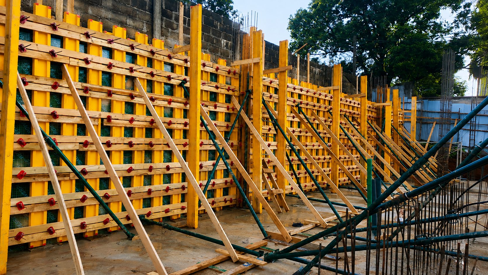 Yellow wall formwork panels braced on a development site