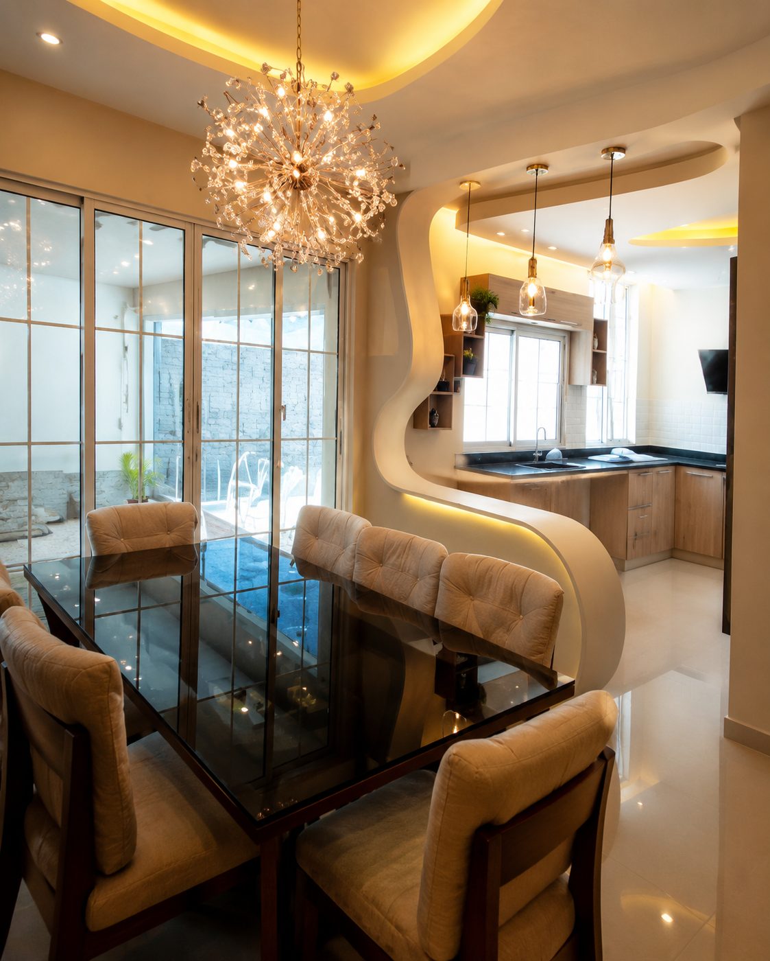 Elegant custom-built dining area and open kitchen with statement chandelier