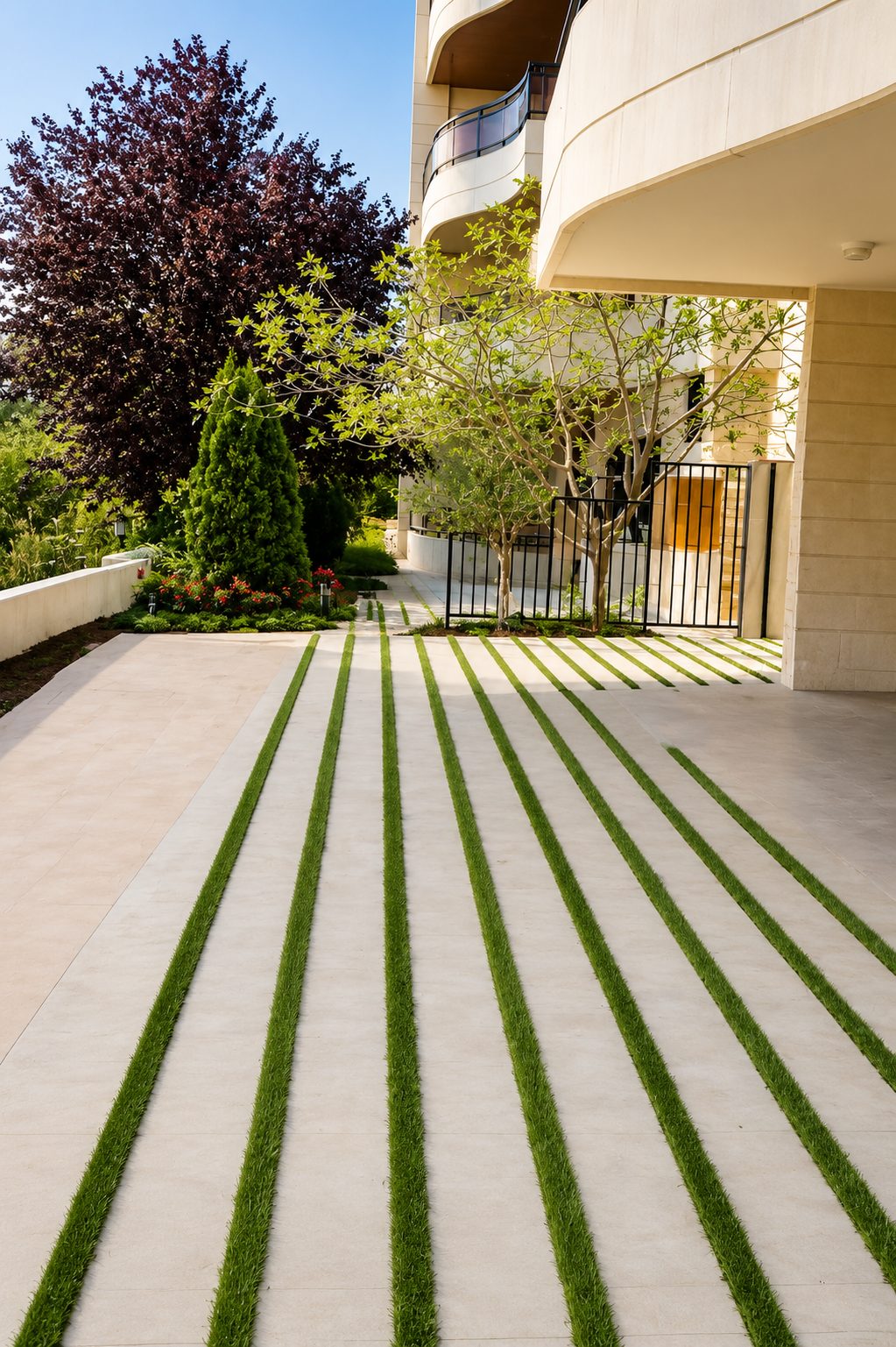 Landscaped walkway with inlaid grass strips beside an upscale residence
