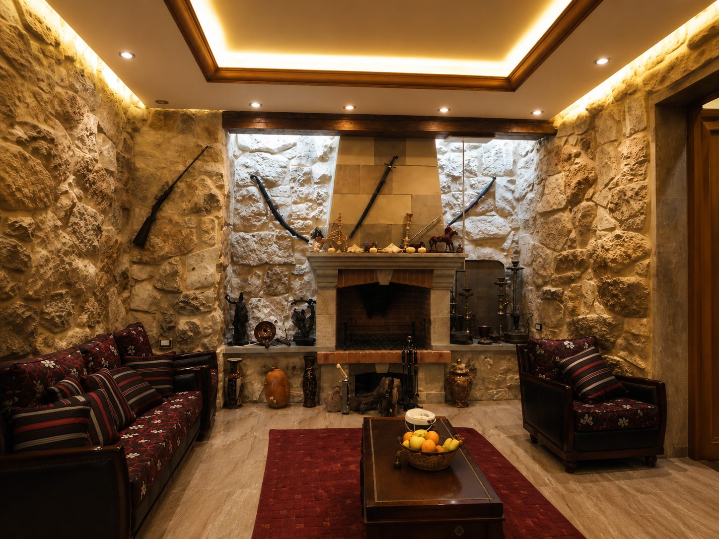 A richly finished Rita (SL) Ltd interior with stone walls and a feature fireplace